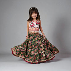 Floral Green and Ivory Embroidered Lengha Choli Set