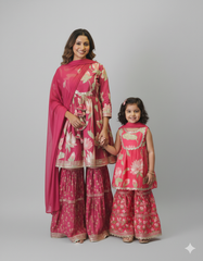 Mini Rose Red Floral Matching Gharara - Daughter