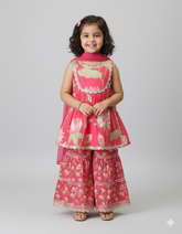 Mini Rose Red Floral Matching Gharara - Daughter