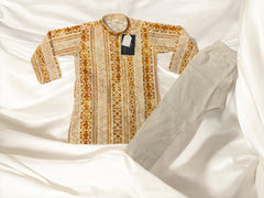 Mustard and White Aztec Print Sequin Kurta Pajama - Father