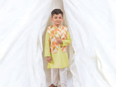Lime Kurta Pajama with Orange Geometric Waistcoat