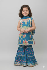 Mini Ocean Blue Floral Matching Gharara - Daughter