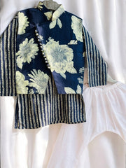 Navy Kurta Pajama and White Floral Waistcoat