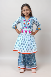 Blue & White Block Print Kurta Gharara