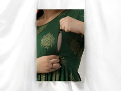 Bottle Green Printed Maternity Kurti
