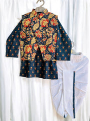 Navy Red Floral Waistcoat and Dhoti Set