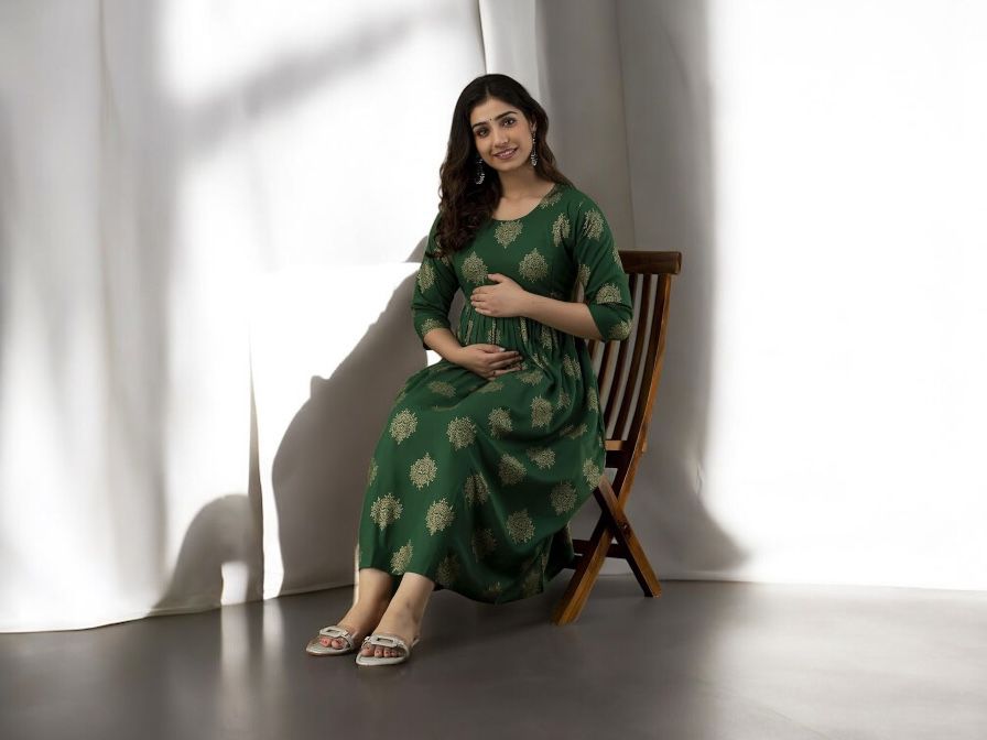Bottle Green Printed Maternity Kurti