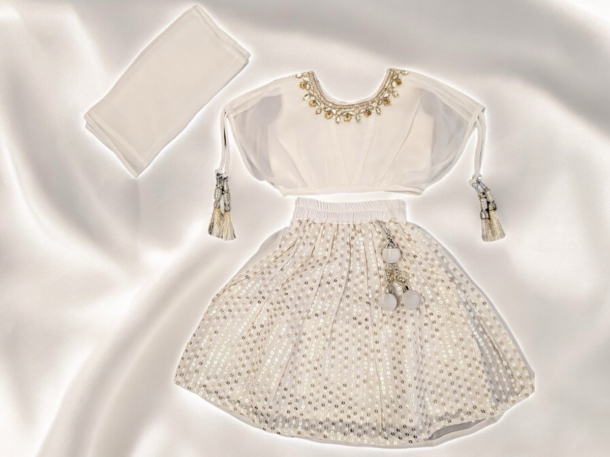 White and Gold Sequin Lengha