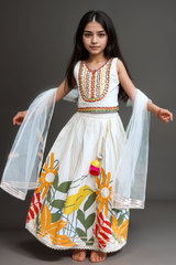 Pearl White Lengha with Garden Prints