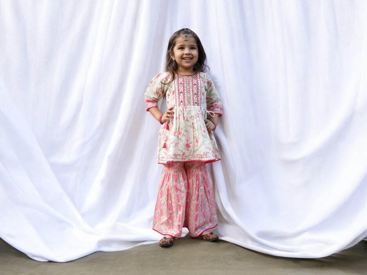 White Gharara with Pink Floral Prints