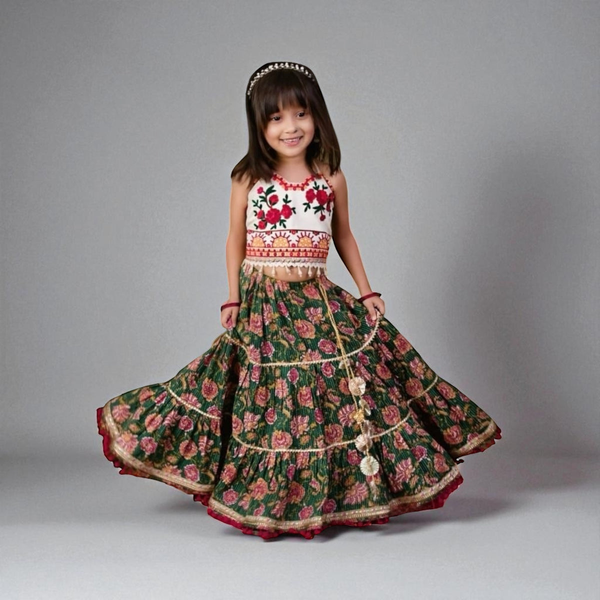 Floral Green and Ivory Embroidered Lengha Choli Set