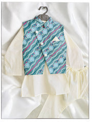 White Kurta Pajama and Sea Blue Bandhani Waistcoat