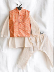 Coral Chikankari Waistcoat and Cream Kurta Pajama Set