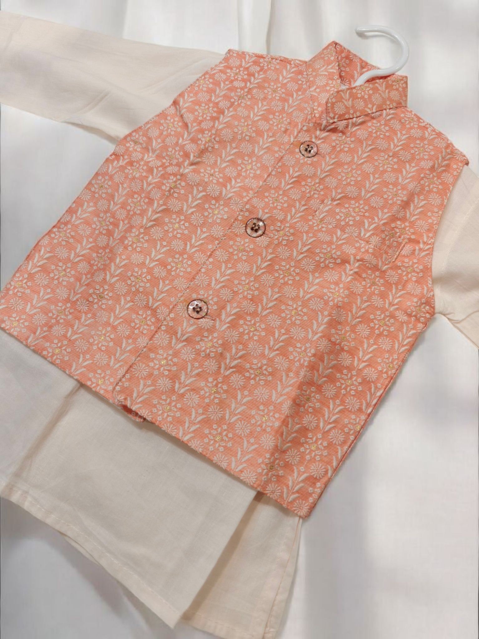 Coral Chikankari Waistcoat and Cream Kurta Pajama Set