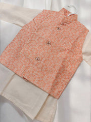 Coral Chikankari Waistcoat and Cream Kurta Pajama Set
