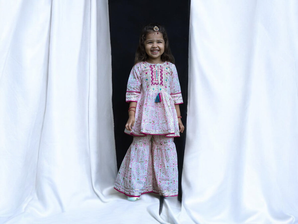White Gharara with Pink Print work