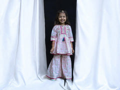 White Gharara with Pink Print work