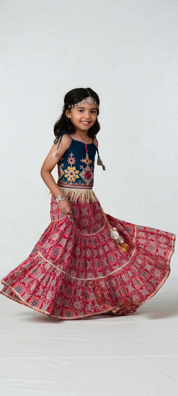 Navy and Red Embroidered Lengha Choli