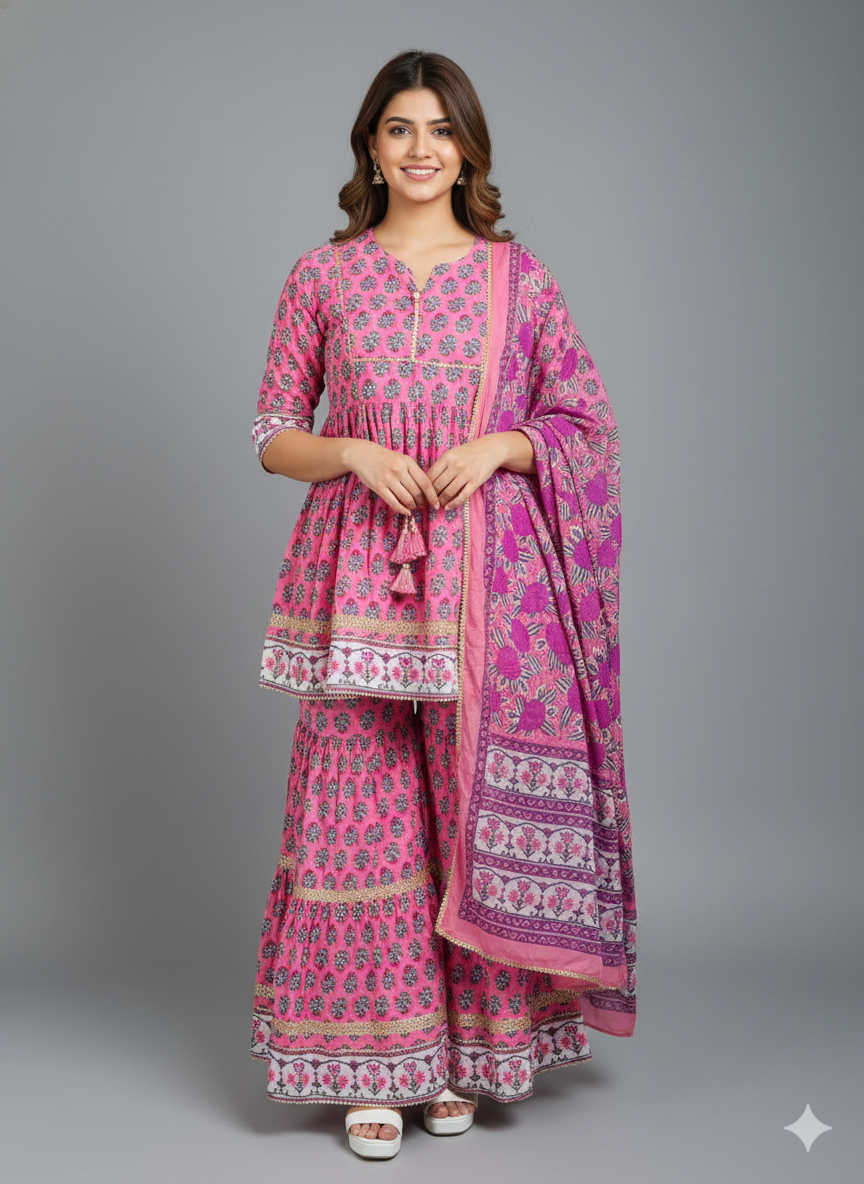 Gulabi Garden Matching Gharara Set - Mother