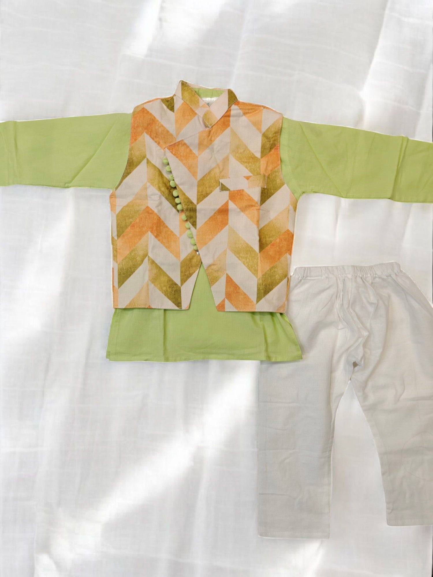 Lime Kurta Pajama with Orange Geometric Waistcoat