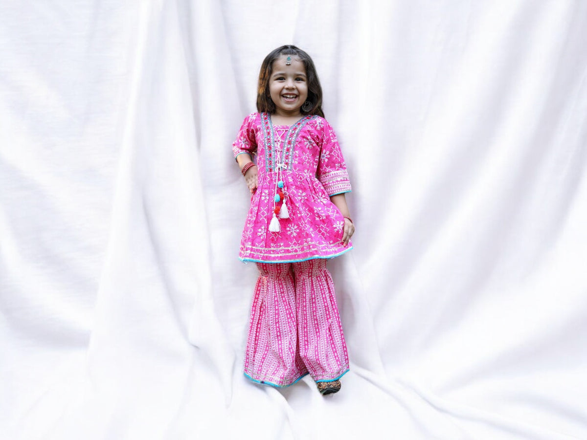 Pink Gharara with White Print Work