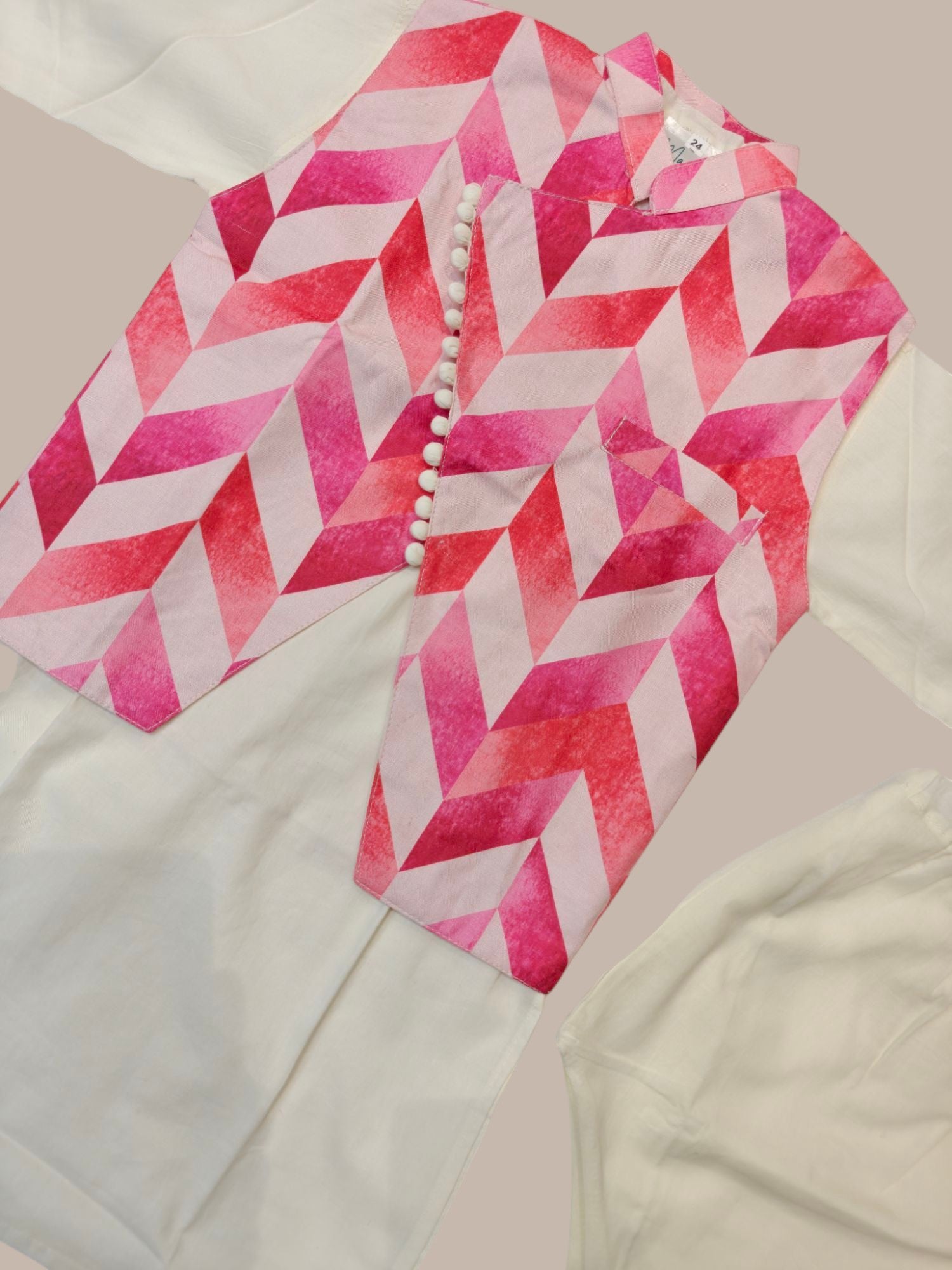 Pink Geometric Waistcoat and White Kurta Pajama