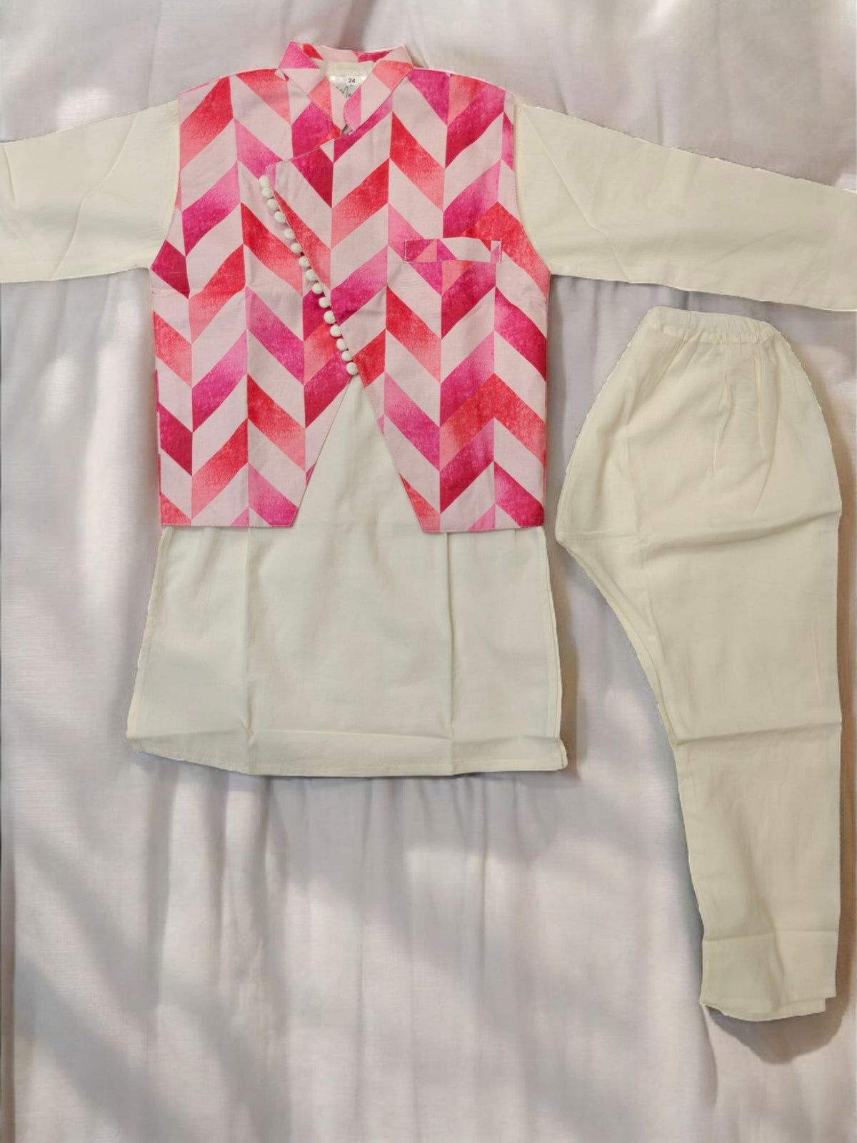 Pink Geometric Waistcoat and White Kurta Pajama