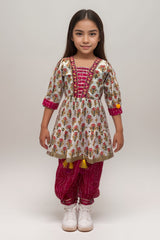 White Harem Suit with Pink Floral Print