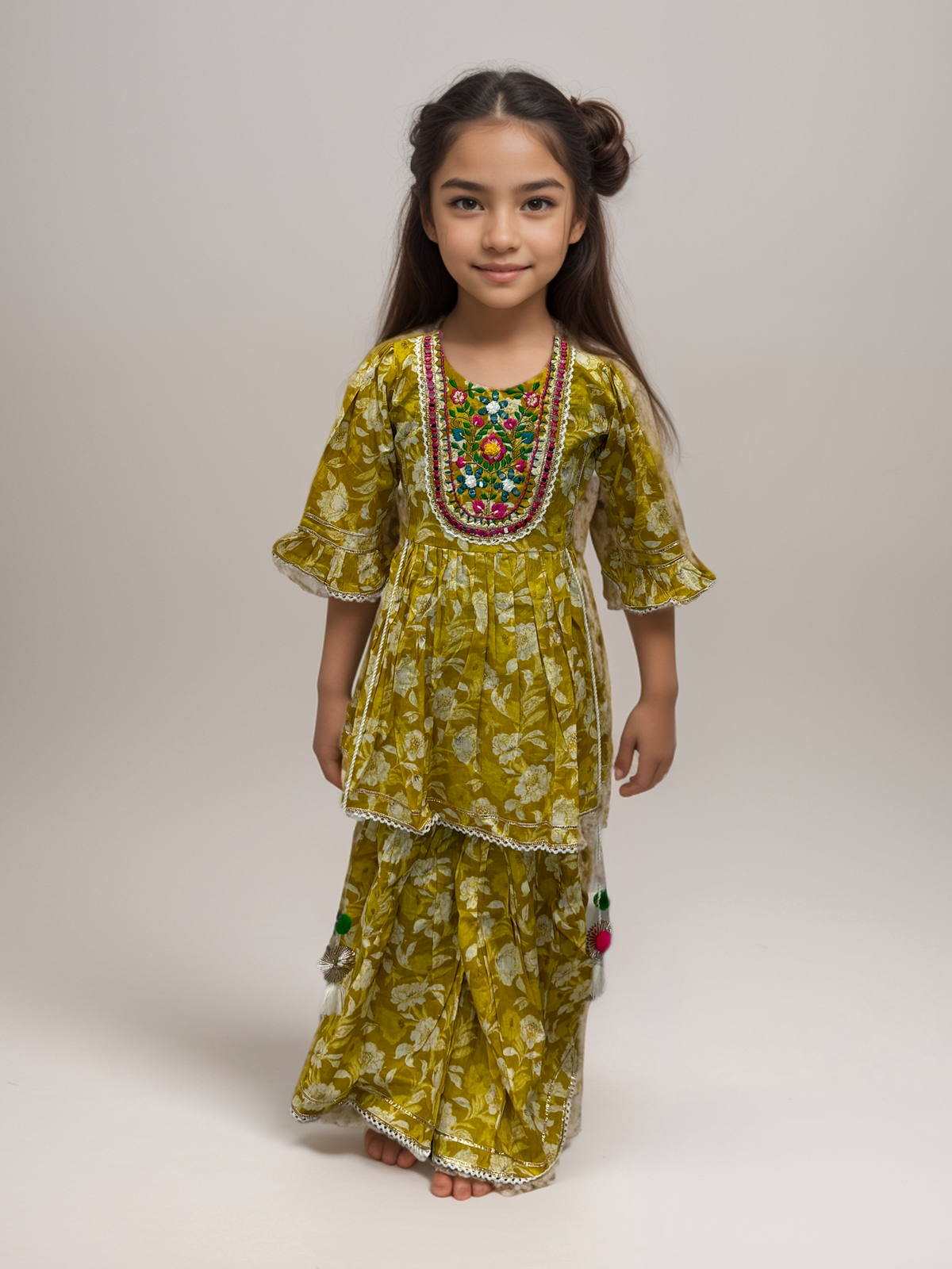 Mustard White Floral Gharara