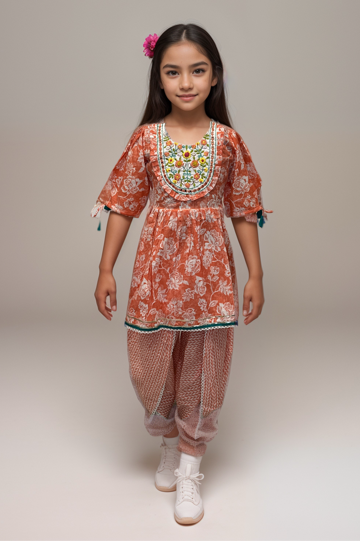 Peach and White Floral Dhoti