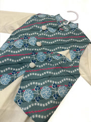 White Kurta Pajama and Sea Blue Bandhani Waistcoat