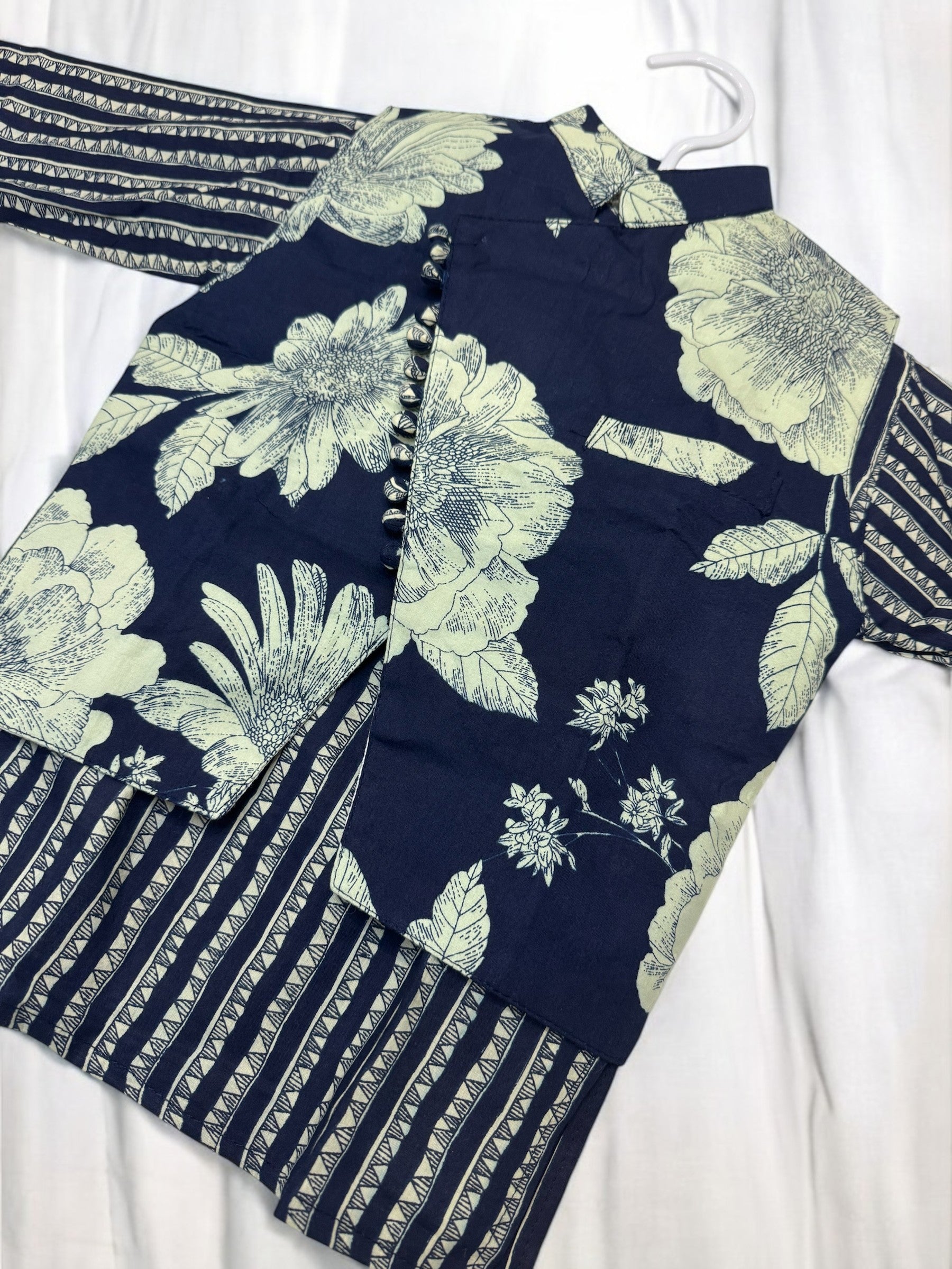 Navy Kurta Pajama and White Floral Waistcoat