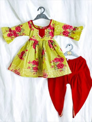 Mint Green and Pink Floral Dhoti Suit