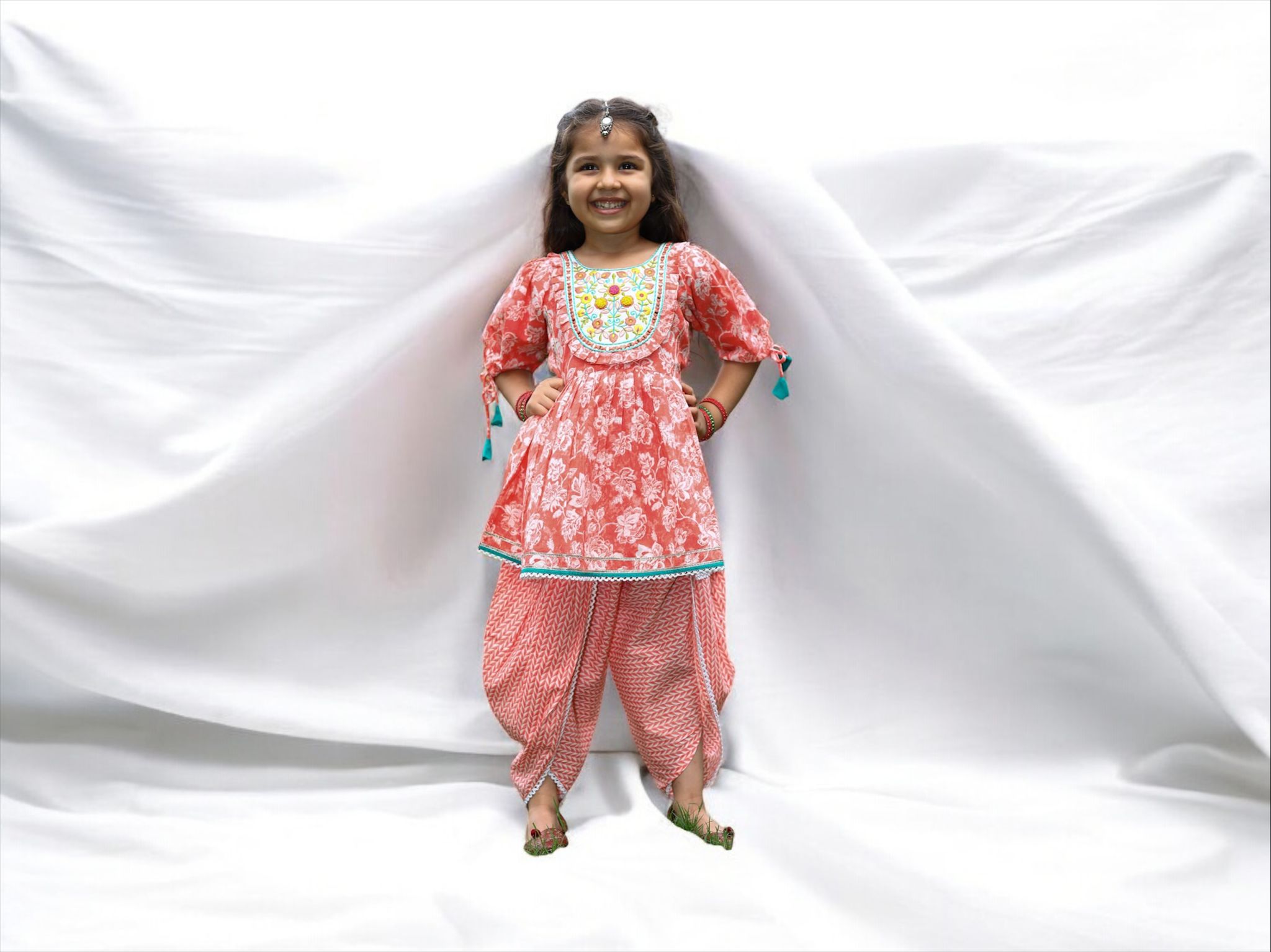 Peach and White Floral Dhoti