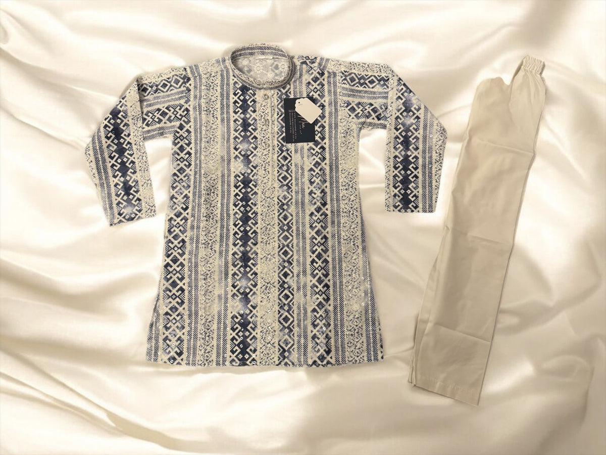 Navy and White Aztec Print Sequin Kurta Pajama (Sons)