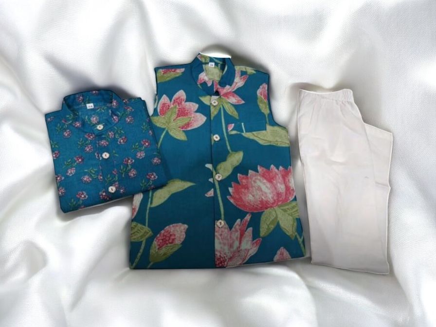 Ocean Blue Matching Waistcoat and Kurta Pajama - Son
