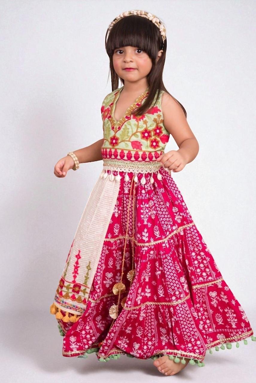 Rose and Mint Embroidered Lengha Choli Set