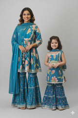 Mini Ocean Blue Floral Matching Gharara - Daughter