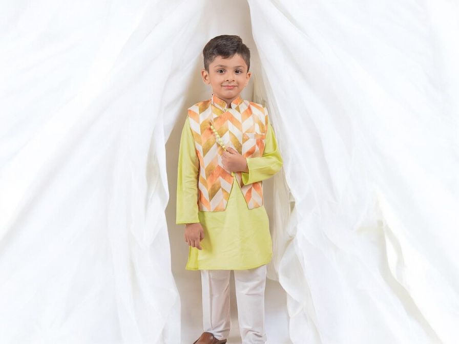 Lime Kurta Pajama with Orange Geometric Waistcoat