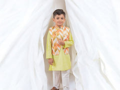 Lime Kurta Pajama with Orange Geometric Waistcoat
