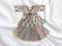 White Patterned Gharara with Pink and Yellow print work