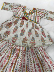 White Patterned Gharara with Pink and Yellow print work