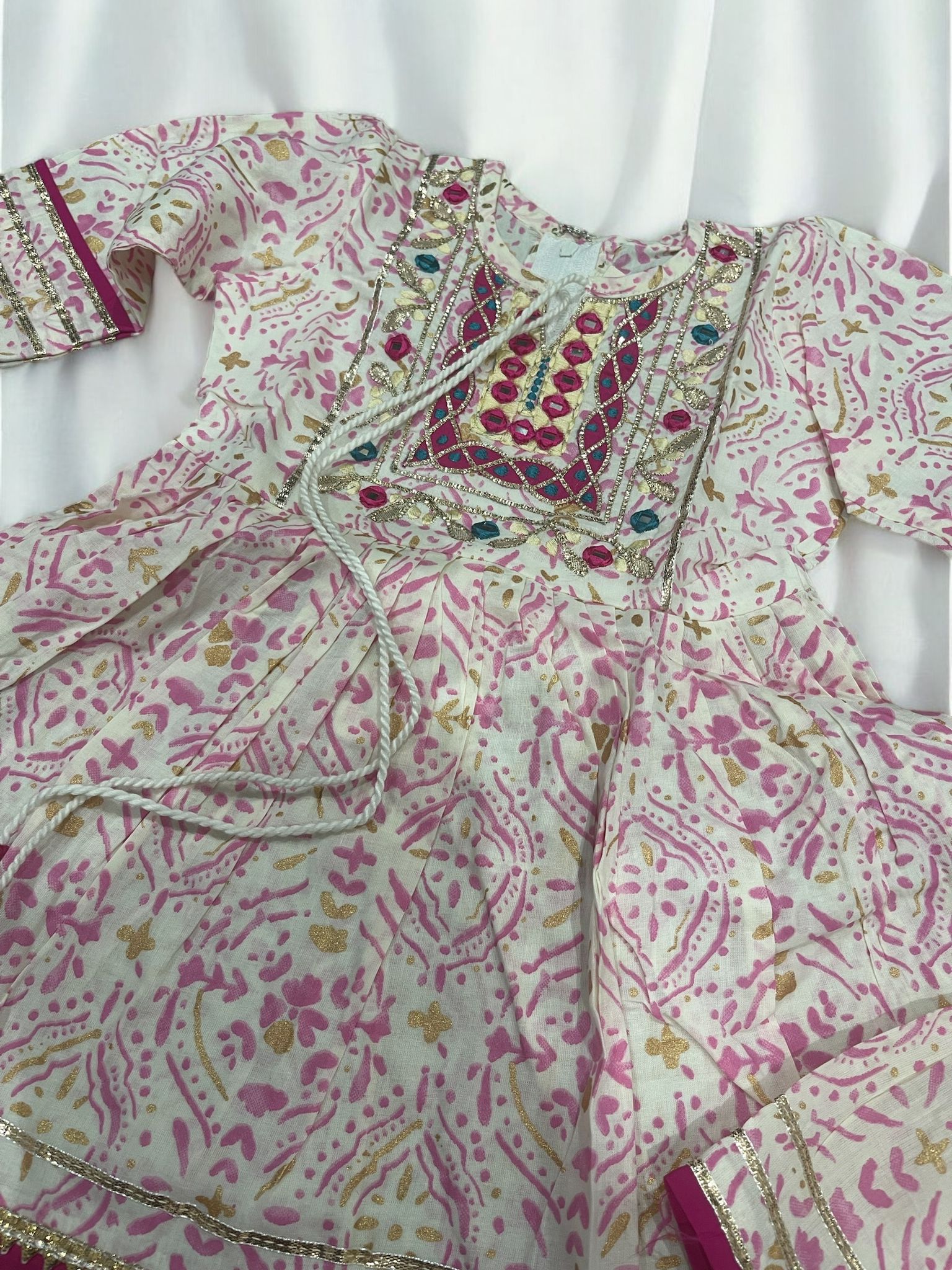 White Gharara with Pink Print work