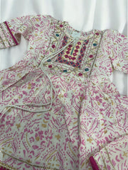 White Gharara with Pink Print work