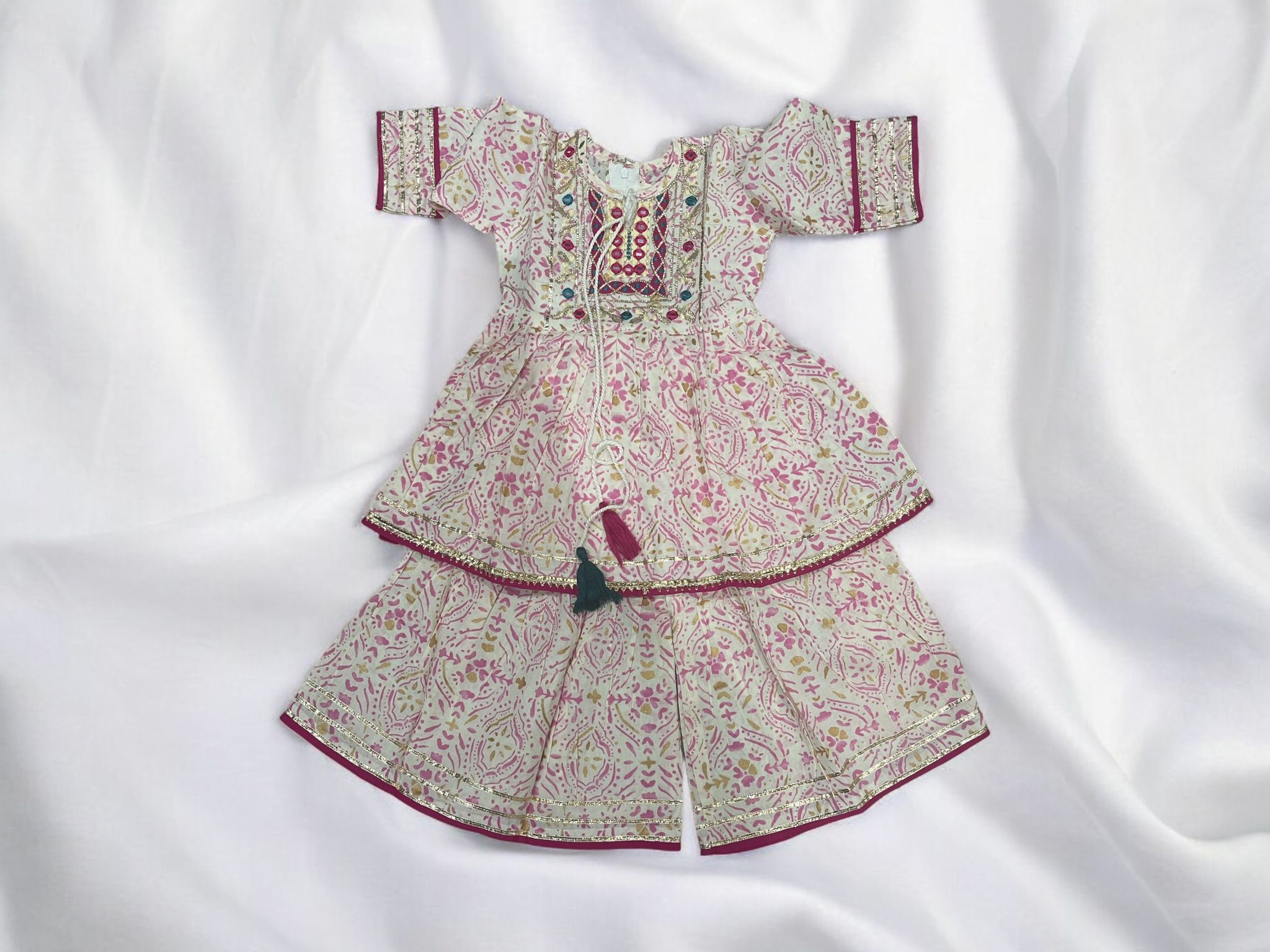 White Gharara with Pink Print work