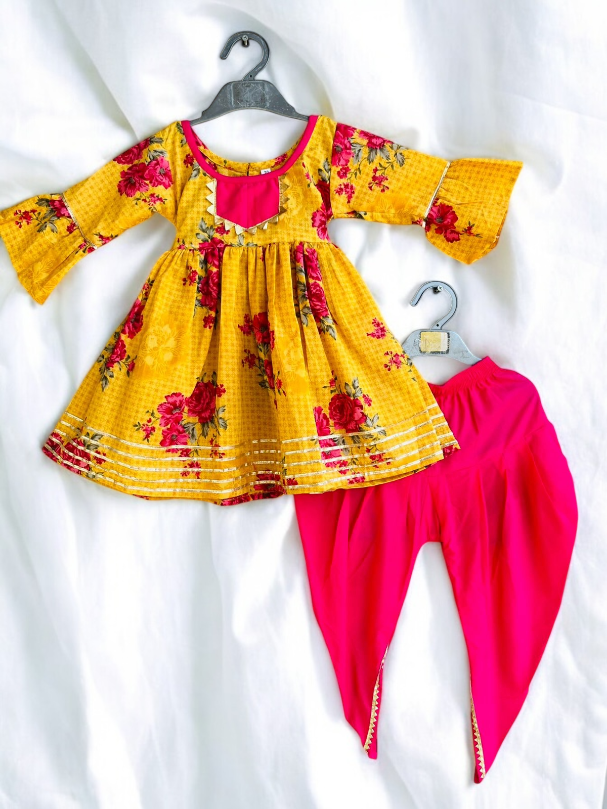 Mustard and Pink Floral Dhoti Suit
