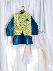Royal Blue Kurta Pajama and Lime Bandhani Waistcoat