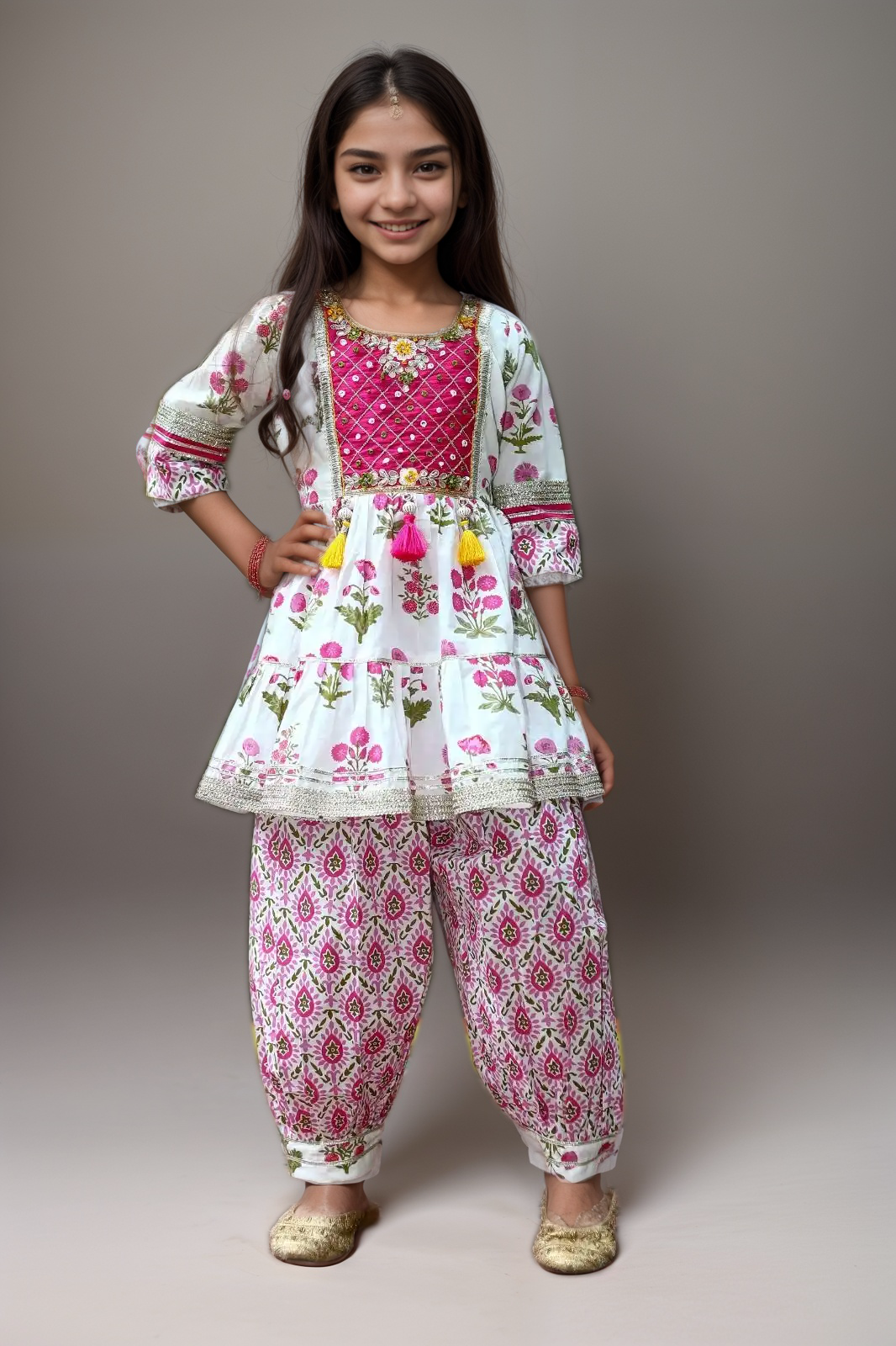Pink and White Floral Peplum Harem Suit