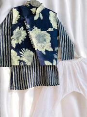Navy Kurta Pajama and White Floral Waistcoat