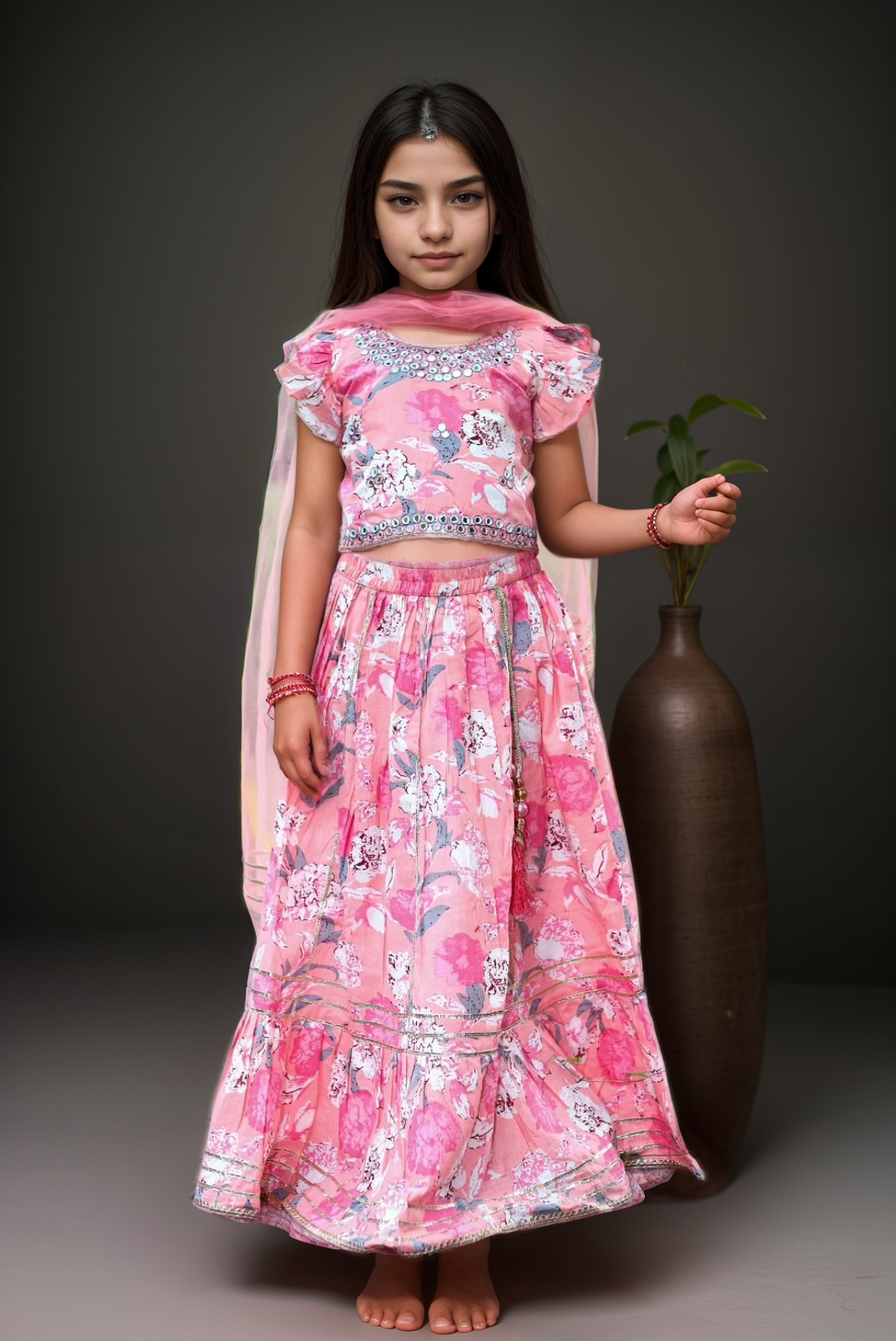 Peach Pink Floral Cotton Lehenga Choli Set